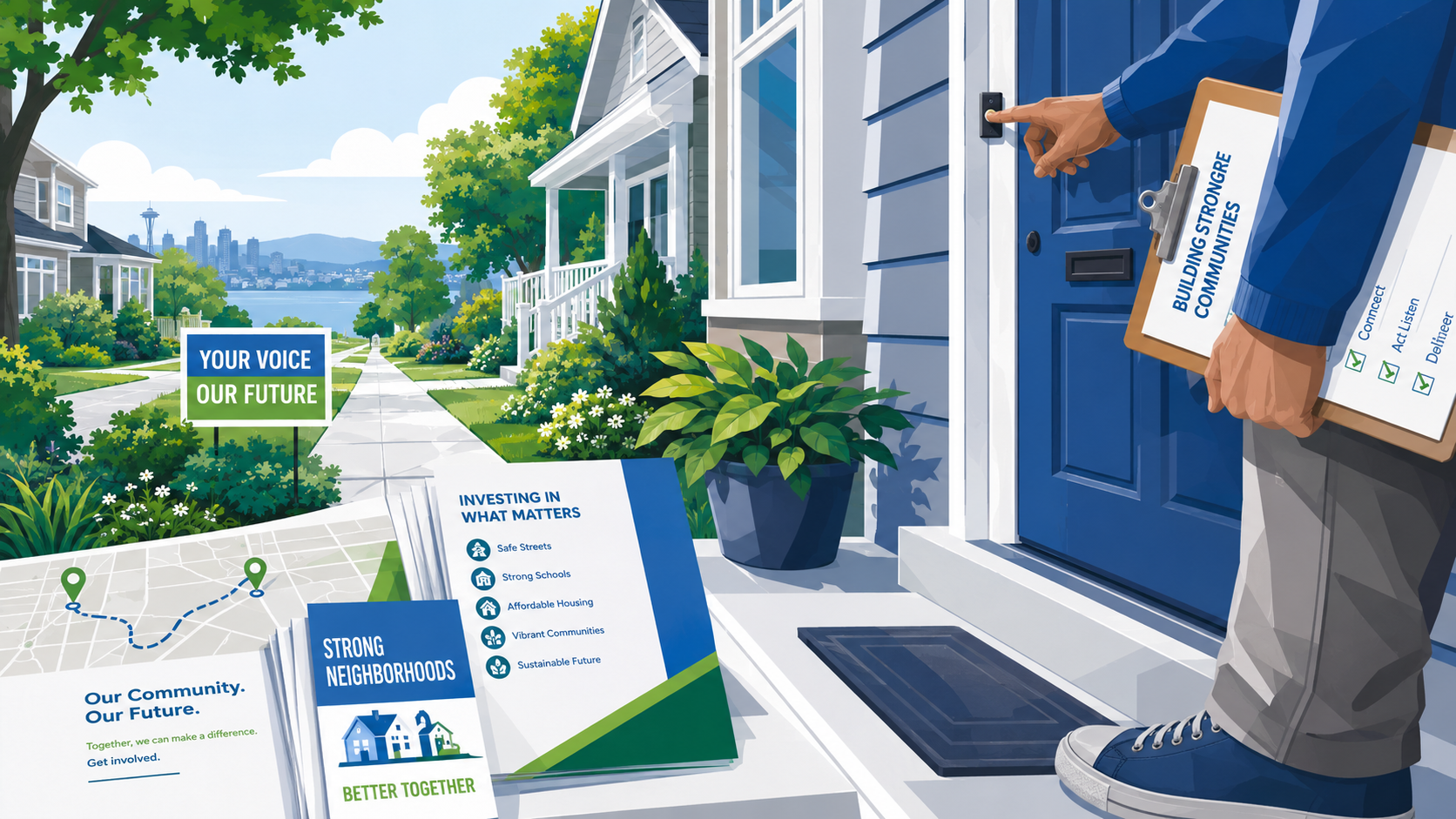 A neighborhood volunteer ringing a doorbell while canvassing